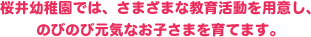 桜井幼稚園では、様々な教育活動を用意し、のびのび元気なお子さまを育てます。