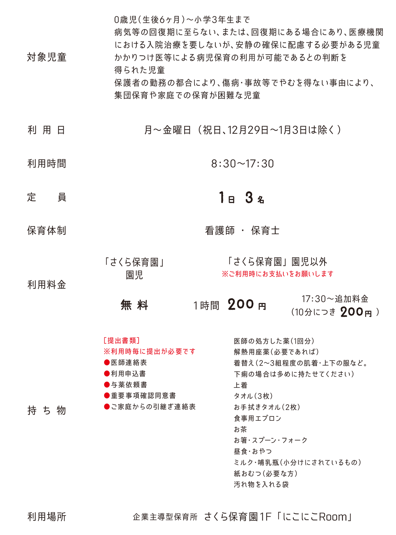 対象児童 ●0歳児（生後6ヶ月）〜小学3年生まで ●病気等の回復期に至らない、または、回復期にある場合にあり、医療機関における入院治療を要しないが、安静の確保に配慮する必要がある児童 ●かかりつけ医等による病児・病後児保育の利用が可能であるとの判断を得られた児童 ●保護者の勤務の都合により、傷病・事故等でやむを得ない事由により、集団保育や家庭での保育が困難な児童　利用日 月〜金曜日 （祝日、12月29日〜1月3日は除く）　利用時間 8：30〜17：30　定員 1日3名　保育体制 看護師・保育士　利用料金 無料 1時間200円 17:30〜追加料金（10分につき200円）　持ち物 ［提出書類］※利用時毎に提出が必要です ●医師連絡表 ●利用申込書 ●与薬依頼書 ●重要事項確認同意書 ●ご家庭からの引継ぎ連絡表　●医師の処方した薬（1回分） ●解熱用座薬（必要であれば） ●着替え（2〜3組程度の肌着・上下の服など。 下痢の場合は多めに持たせてください） ●上着 ●タオル（3枚） ●お手拭きタオル（2枚） ●食事用エプロン ●お茶 ●お箸・スプーン・フォーク ●昼食・おやつ ●ミルク・哺乳瓶（小分けにされているもの） ●紙おむつ（必要な方） ●汚れ物を入れる袋　利用場所 企業主導型保育所 さくら保育園1F 「にこにこRoom」